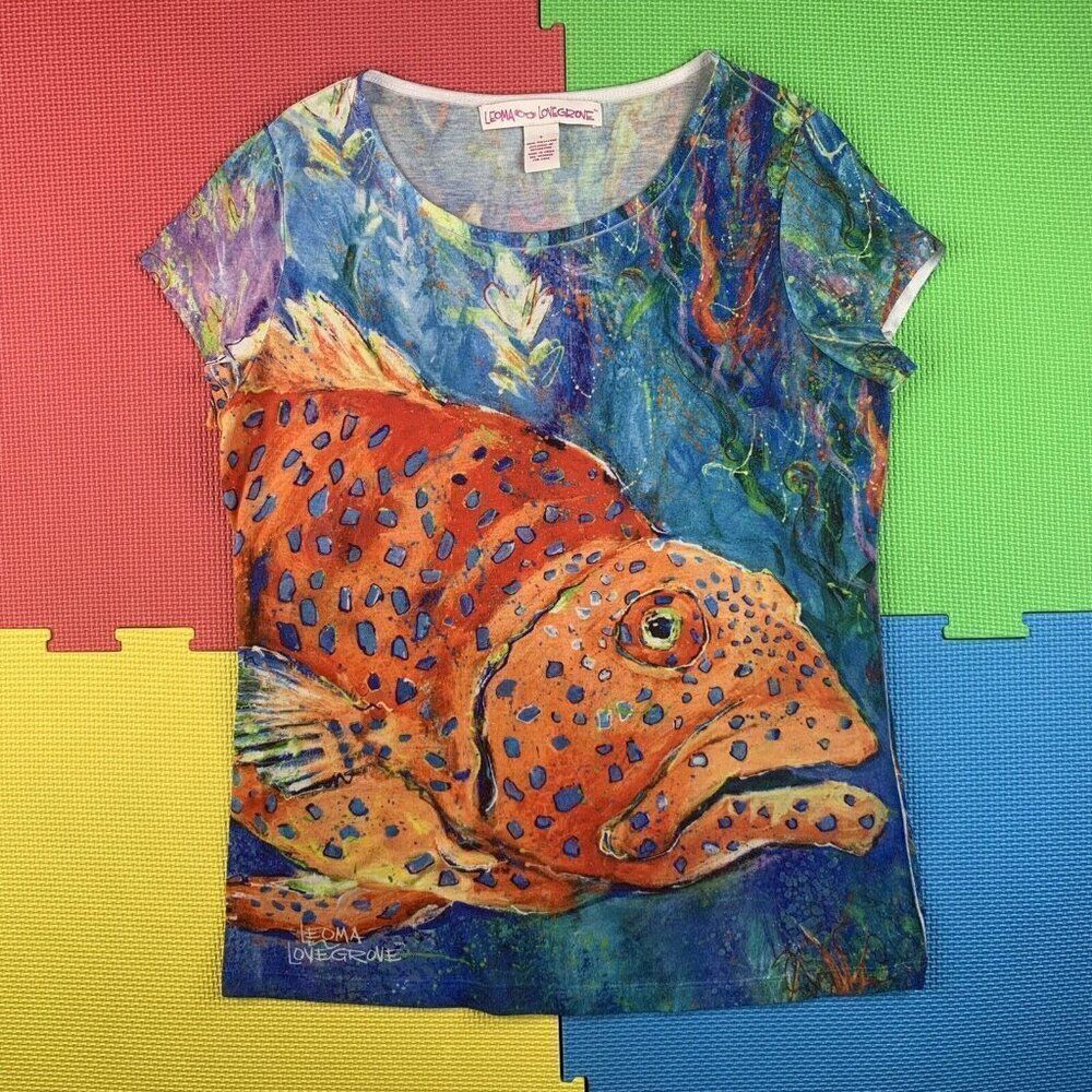 Leoma Lovegrove Top size S Small Art Fish Colors Splatter Short Sleeve Shirt
